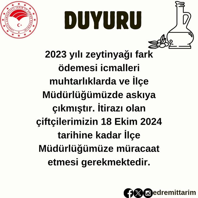 2023 Yılı Zeytinyağı Fark Ödemesi Duyurusu